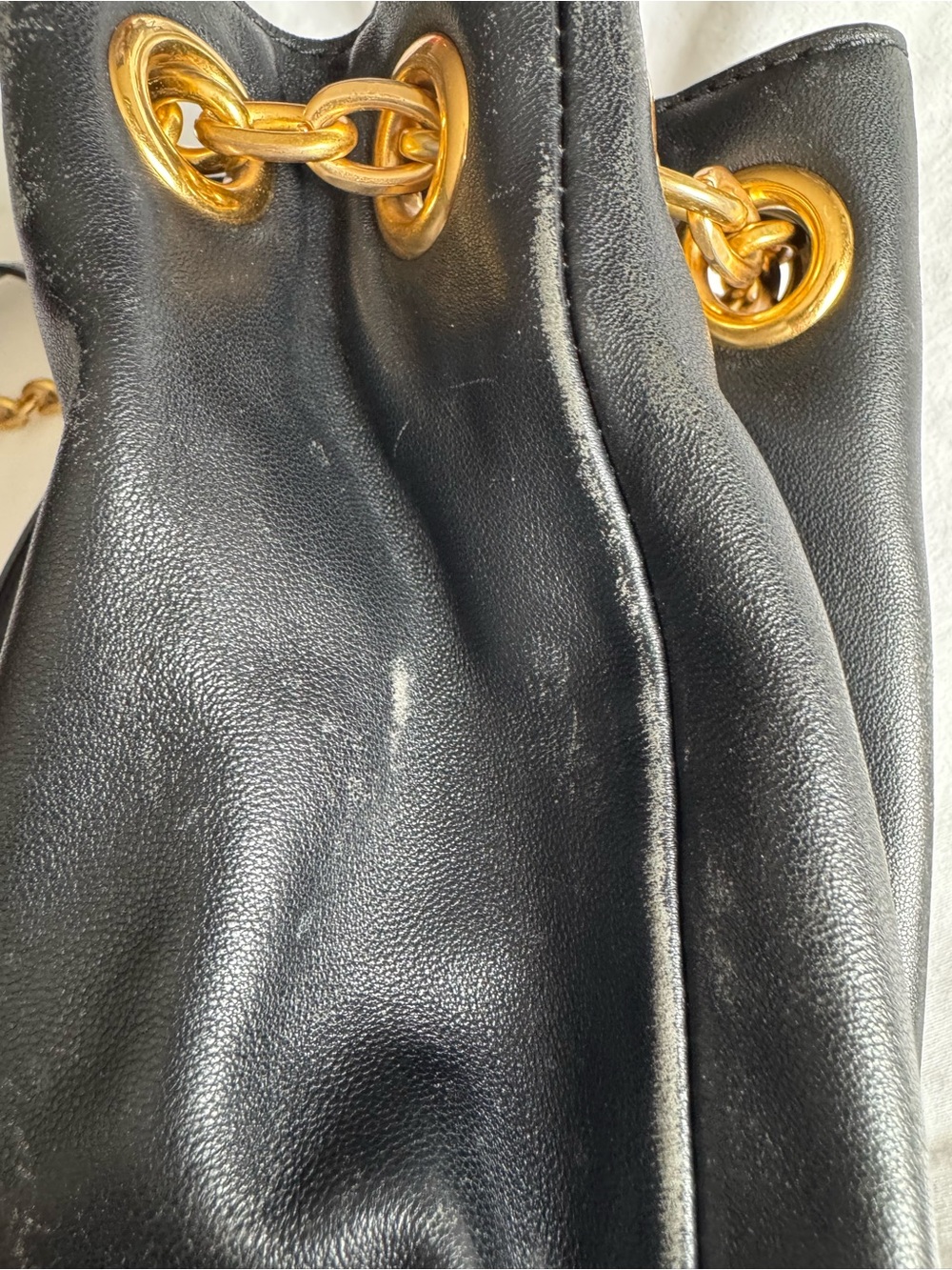 Tory Burch Black Leather Mini Drawstring Bucket Bag with Gold Chain - Picture 5 of 13